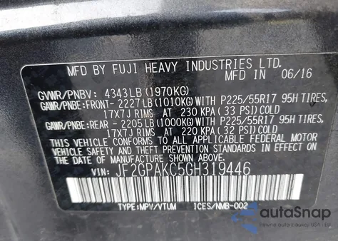 2016 Subaru Crosstrek 2.0I Limited z USA, uszkodzony, nr VIN JF2GPAKC5GH319446